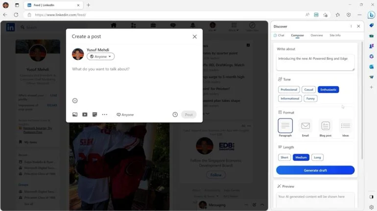 A interface ChatGPT do Bing pode citar fontes online e colocar os links dentro de uma resposta. | Bild: Microsoft