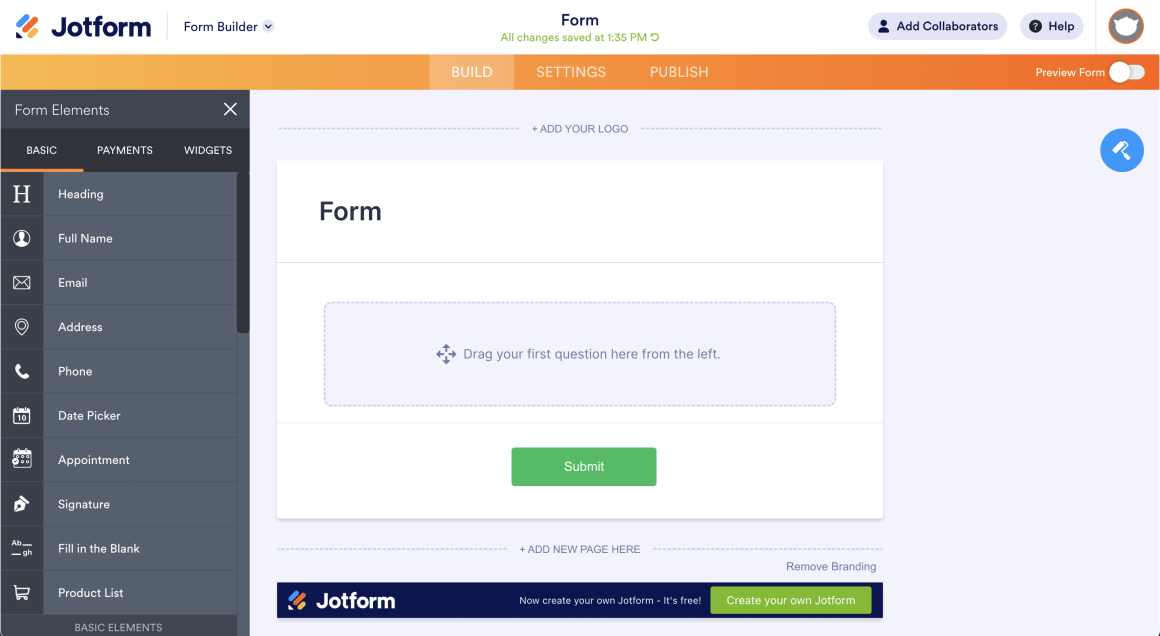 Jotform como um construtor de formulários