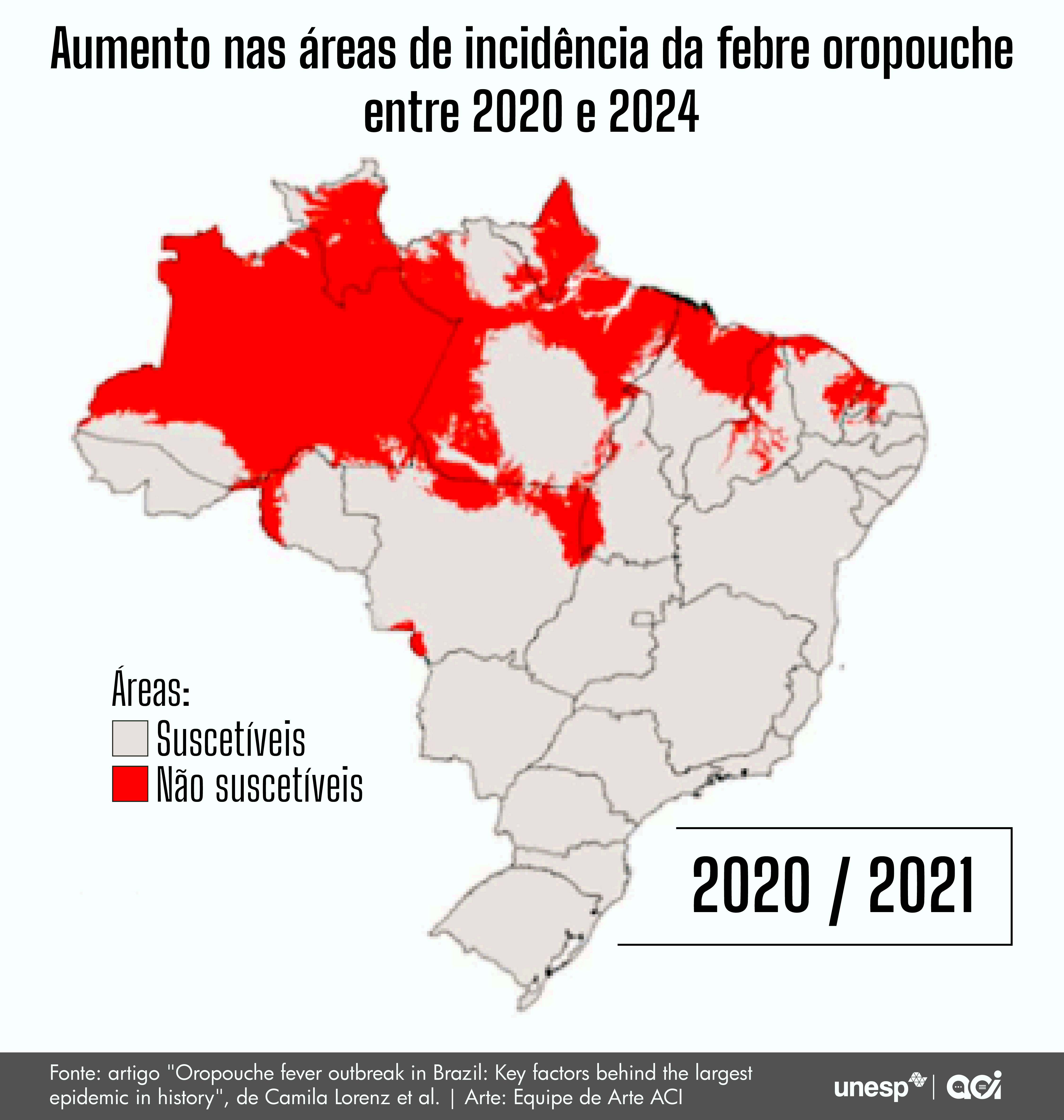 Mapa nas áreas de incidência da febre oropoche.