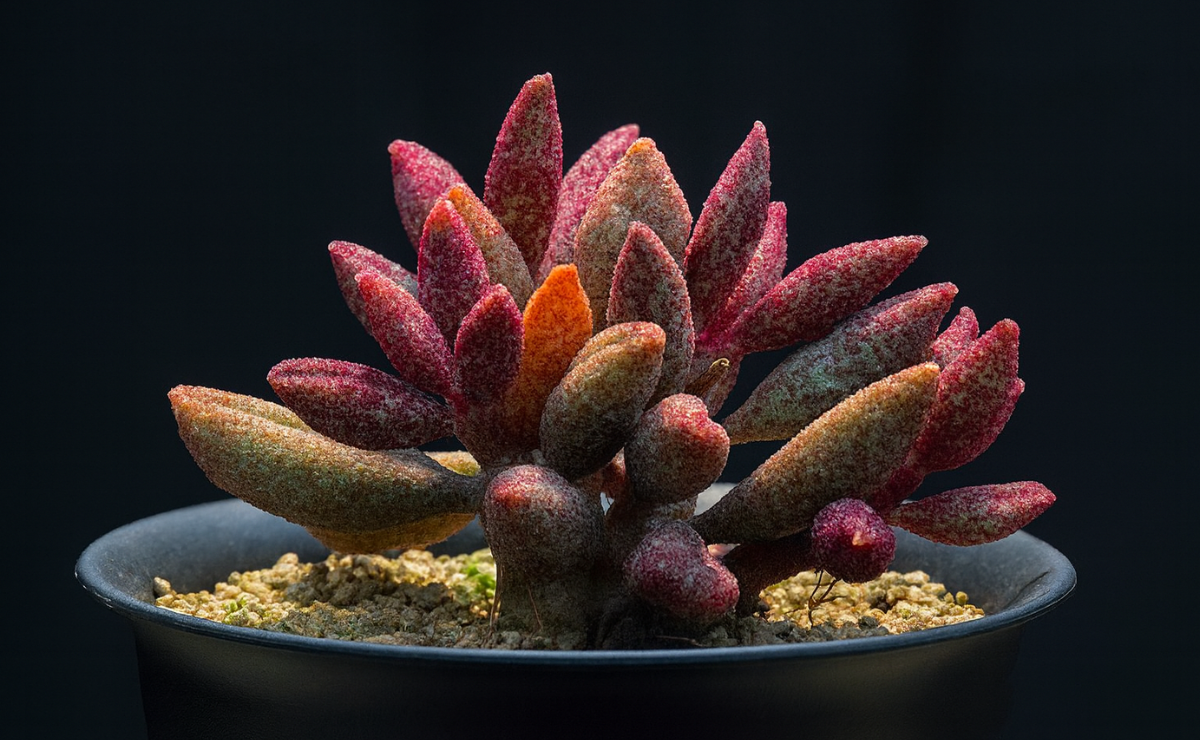 suculenta Adromischus filicaulis com folhas cilíndricas e pontilhadas de vermelho